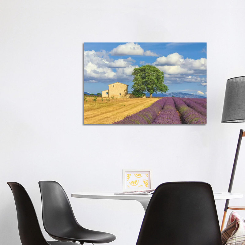 France, Provence, Valensole Plateau. Lavender Rows And Farmhouse. by Jaynes Gallery - Wrapped Canvas Print