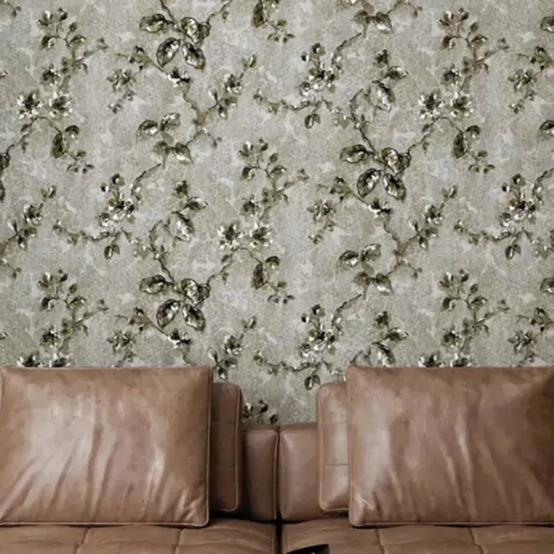 Papier peint avec branches de fleurs texturées, taupe grise et bronze