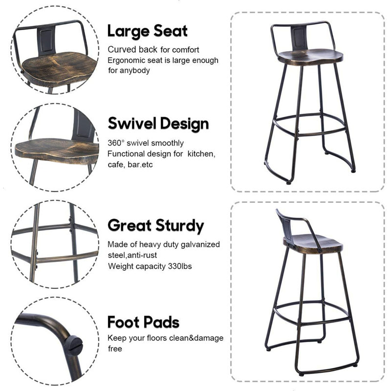Stellan 24" Swivel Counter Stools with Metal Frame and Wood Seat