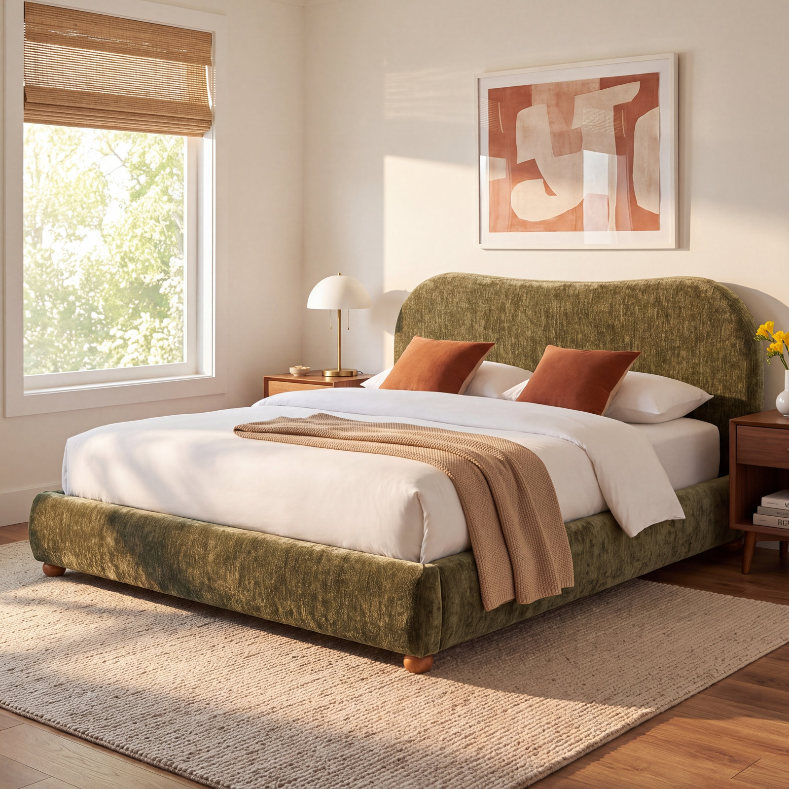 Liza Upholstered Bed, King, Dark Green Chenille