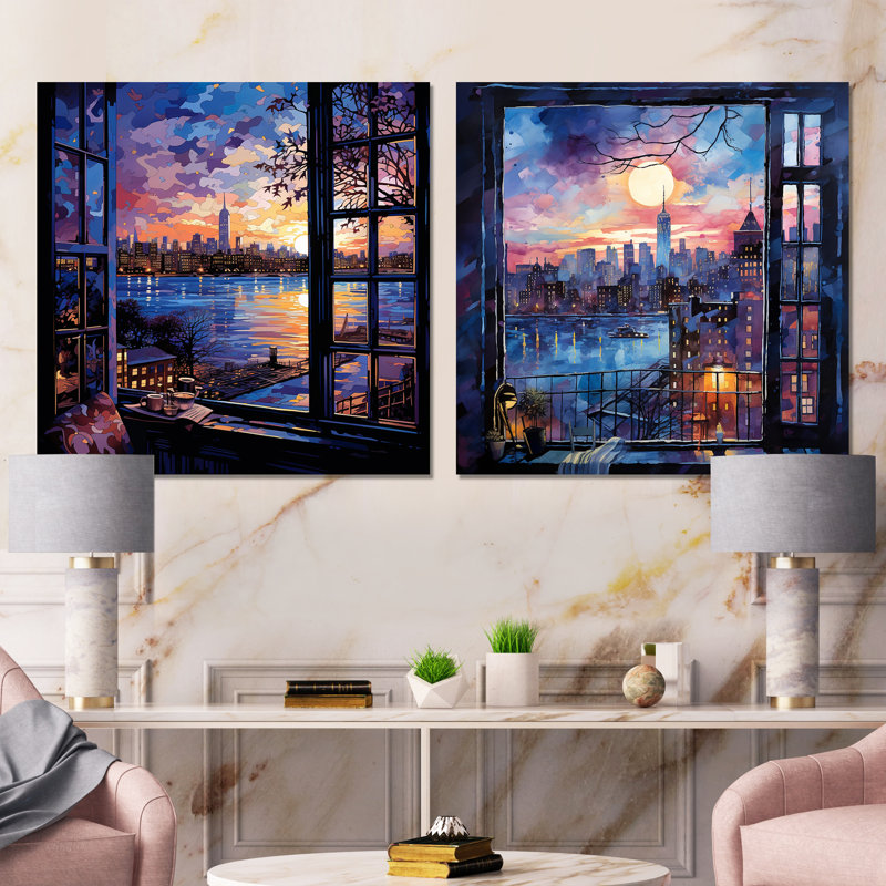 Blue Nyc At Night Window View I - New York City, ensemble de 2 impressions murales carrées, H 36 po x l 72 po
