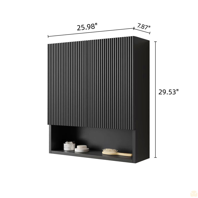 Armoire de salle de bain murale rayée de 26 po avec portes, tablette et compartiment de rangement ouvert au-dessus de la toilette