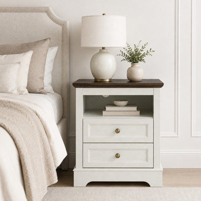Table de chevet de style ferme avec station de recharge, table d'appoint pour chambre ou salon - Blanc (lot de 2)