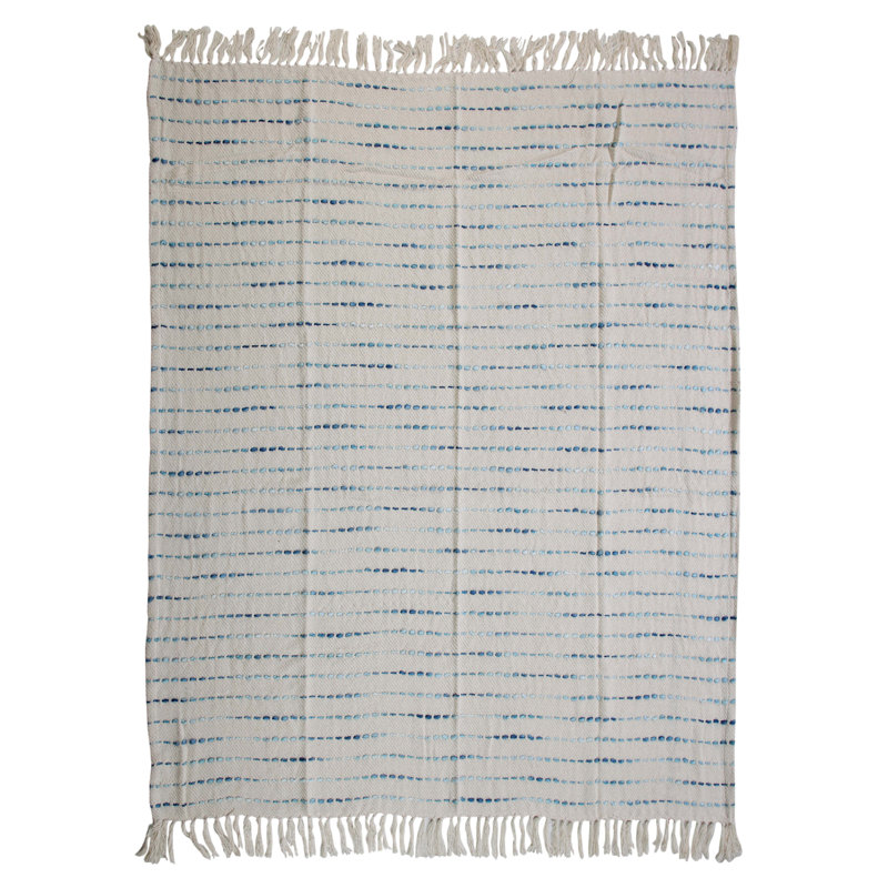 Deep Ombre Striped Handmade Woven Throw Blanket with Fringe, Blue