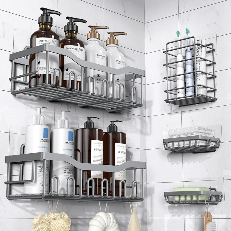 Ensemble de 5 boîtes de douche, organisateur de douche adhésif pour le rangement de la salle de bain, la décoration intérieure et la cuisine, sans perçage, grande capacité, organisateur de salle de bain en acier inoxydable antirouille
