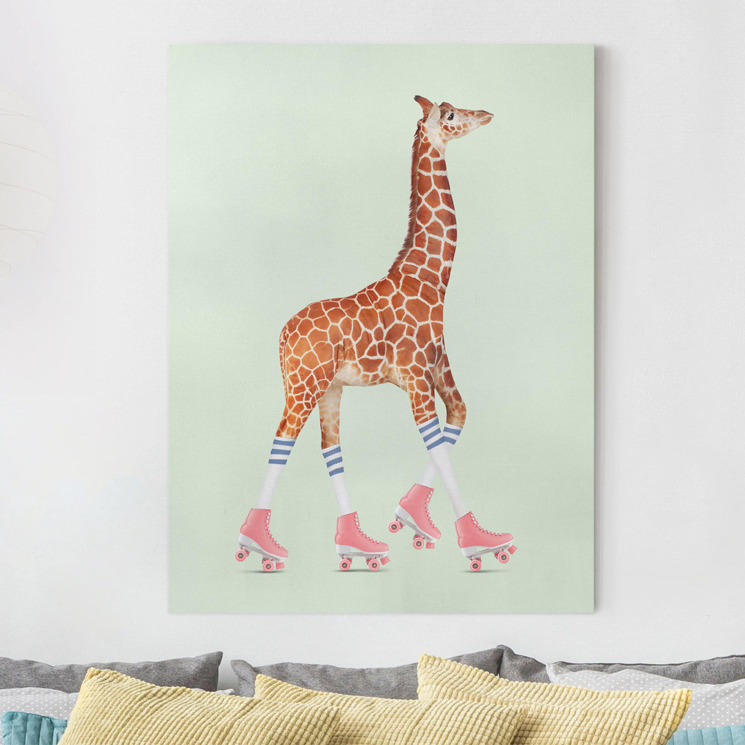 Leinwandbild Giraffe mit Rollschuhen