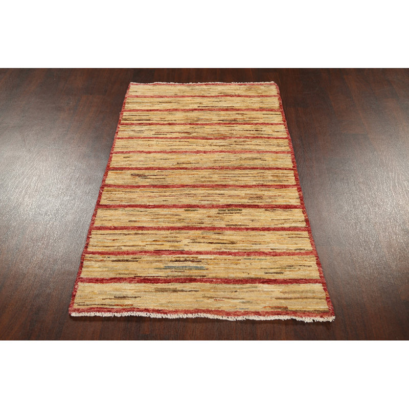 Tapis beige / rouge en laine noué à la main de conception unique 2 pi 10 po x 5 pi 1 po New Age