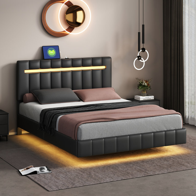 Cadre de lit flottant de taille avec lumières DEL et charge USB, cadre de lit tapissier moderne à plateforme DEL, Grand lit