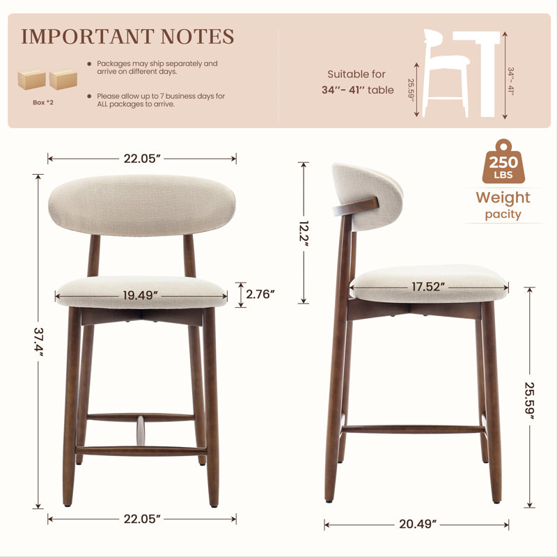 Tabouret de comptoir rembourrÃ© Vannie avec structure en bois massif, Beige