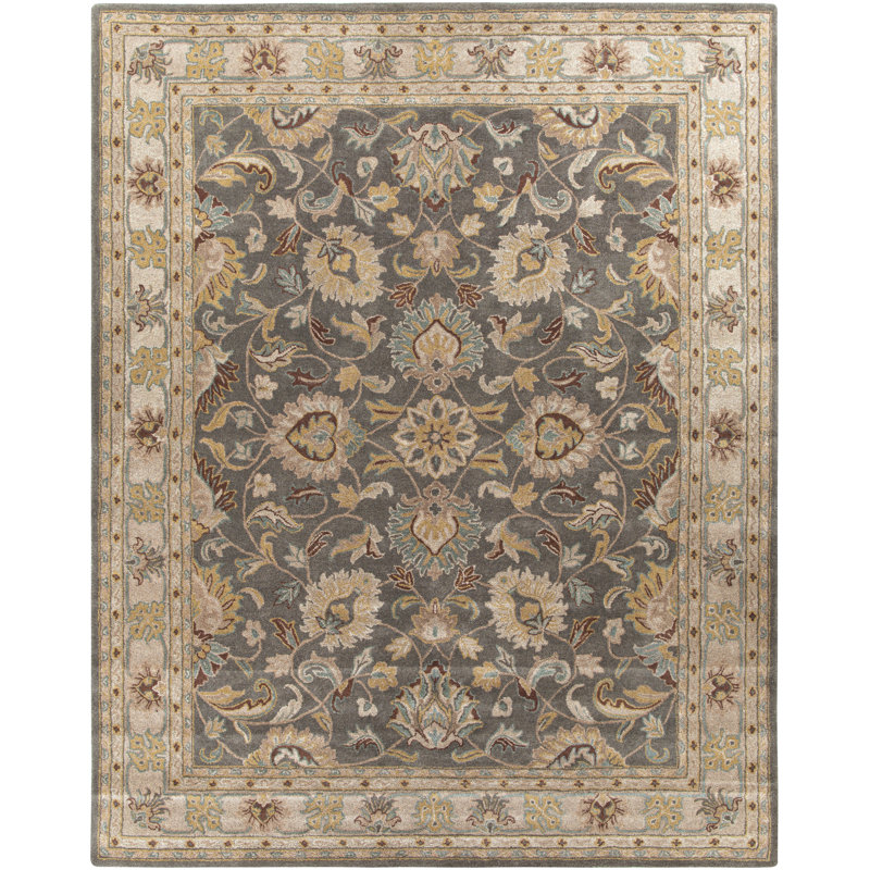 Tapis floral gris anthracite / beige clair / jaune en laine touffetée fabriqué à la main Arden, Rectangle 12 pi x 18 pi