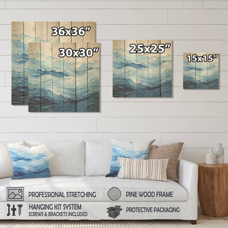 Ondes bleues et blanches modernes de la côte I - Minimalisme côtier sur bois, H 15 po x l 15 po