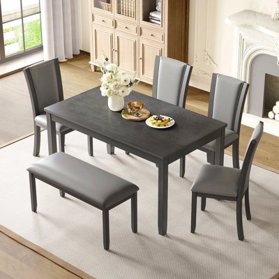 6-Piece Modern Dining Set: Wooden Table & 4 Chairs + Bench, Seats 6, Grey
