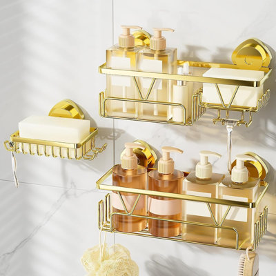 Serviteur de douche à ventouse - Or - Ensemble de 3 organisateurs de salle de bain en acier inoxydable antirouille avec porte-savon et crochets, support de rangement amovible sans perceuse