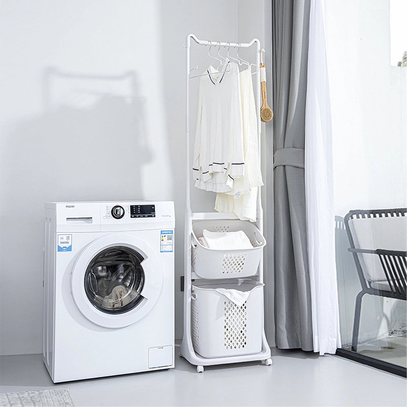 Trieur de paniers à linge à 2 niveaux avec barre de suspension, paniers à linge roulants sur roulettes, organisateur de chariot à linge amovible et empilable et rangement pour petits espaces, dortoir, placard, salle de bain