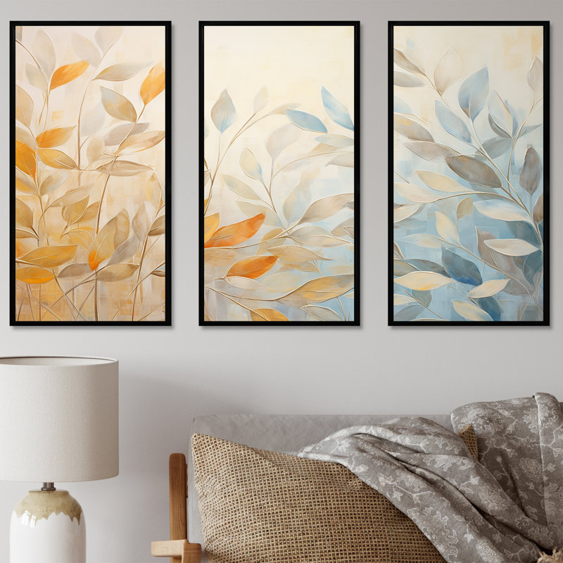 Feuilles d'automne, harmonie du soleil I - ensemble d'art mural feuilles, Cadre flottant noir, H 40 po x l 60 po x P 1 po