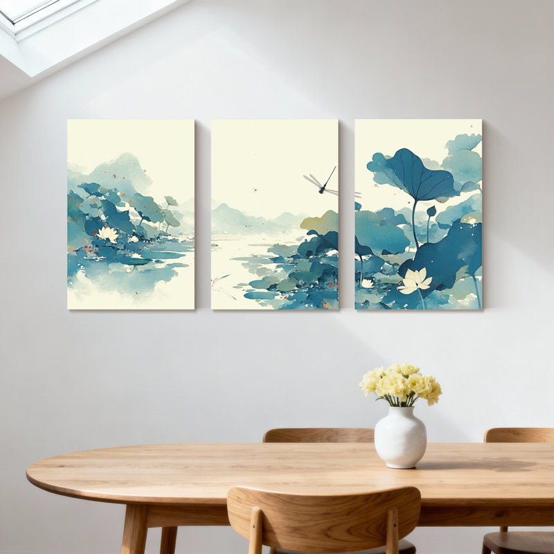 Paysage et nature, nénuphar, paysage avec libellule et montagnes, ensemble de 3 impressions sur toile, H 30 po x l 60 po