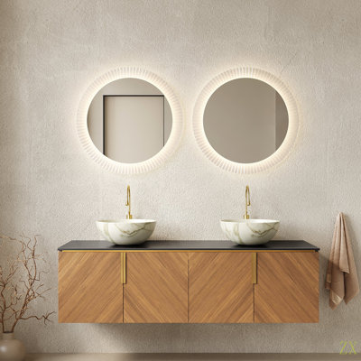 Meuble-lavabo de salle de bain 60 po ARAI, meuble de rangement flottant en contreplaqué avec 4 portes, 2 cuves en céramique avec motif en pierre et comptoir en pierre frittée