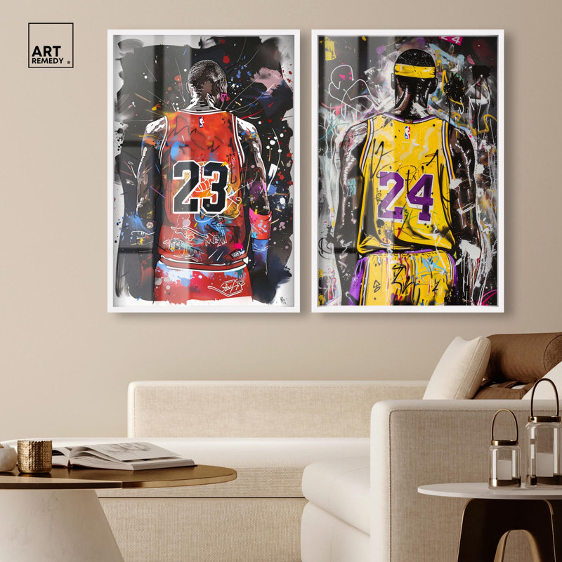 Dynamic Duo: Graffiti Hoops Shadowbox Print Sports Wall Decor Set by Art Remedy, Black Frame, 10 x 15, H 25 po x l 17 po