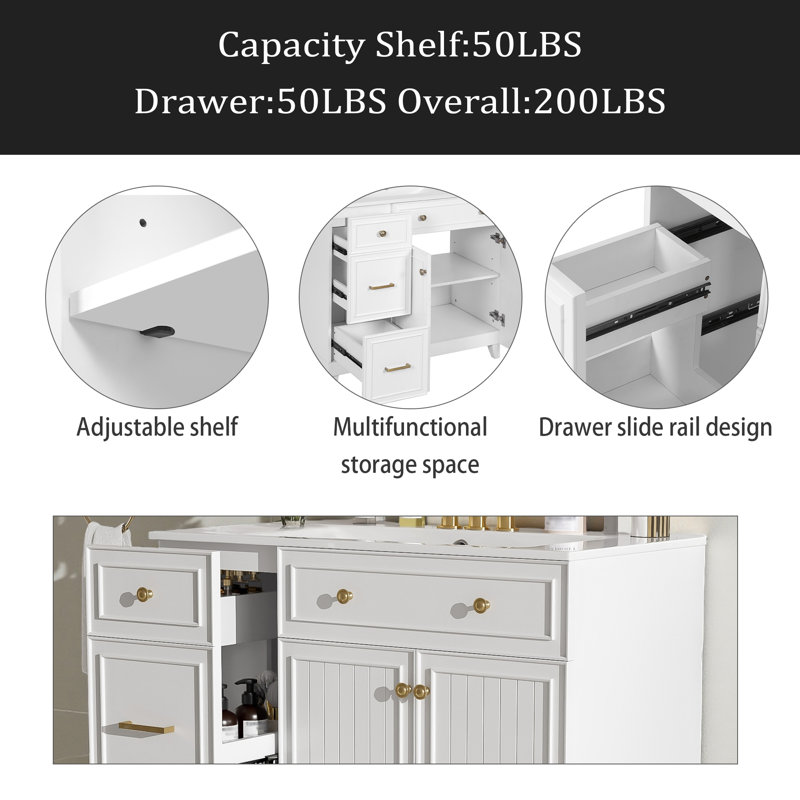 Meuble-lavabo de 36 po avec lavabo en céramique, tiroirs standard et double couche, portes à fermeture en douceur, tablettes réglables, armoire de rangement moderne pour petites et moyennes salles de bain