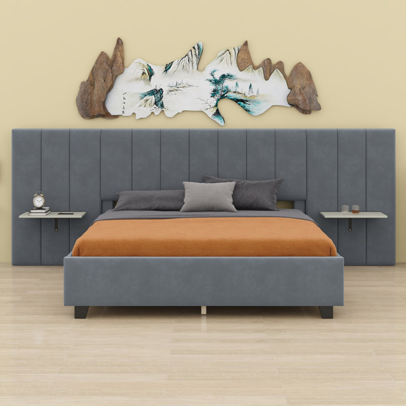 Lit plateforme tapissier avec grande tête de lit, mobilier de chambre à coucher, Gris