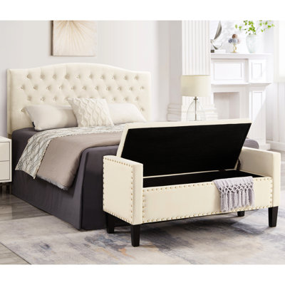 Banc de rangement rembourré capitonné à boutons avec garniture cloutée, siège de salon rembourré avec accoudoirs, banc de lit - noir