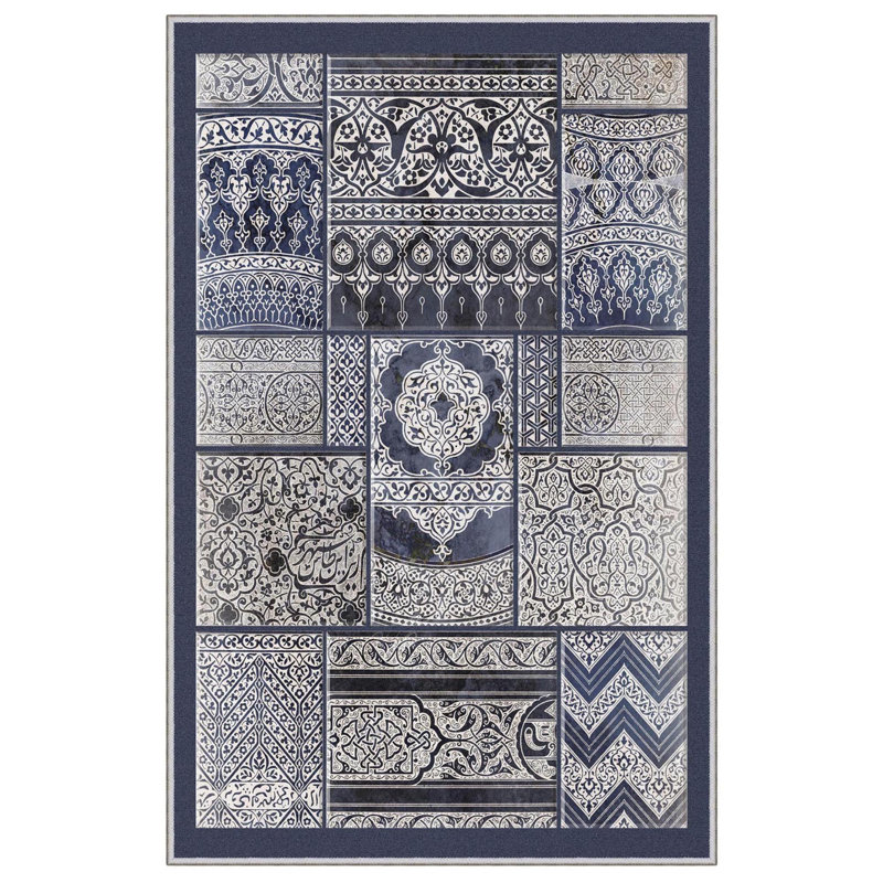 Tapis rectangulaire bleu en polyester tissé à la machine 2 pi 7 po x 3 pi 11 po Clematine