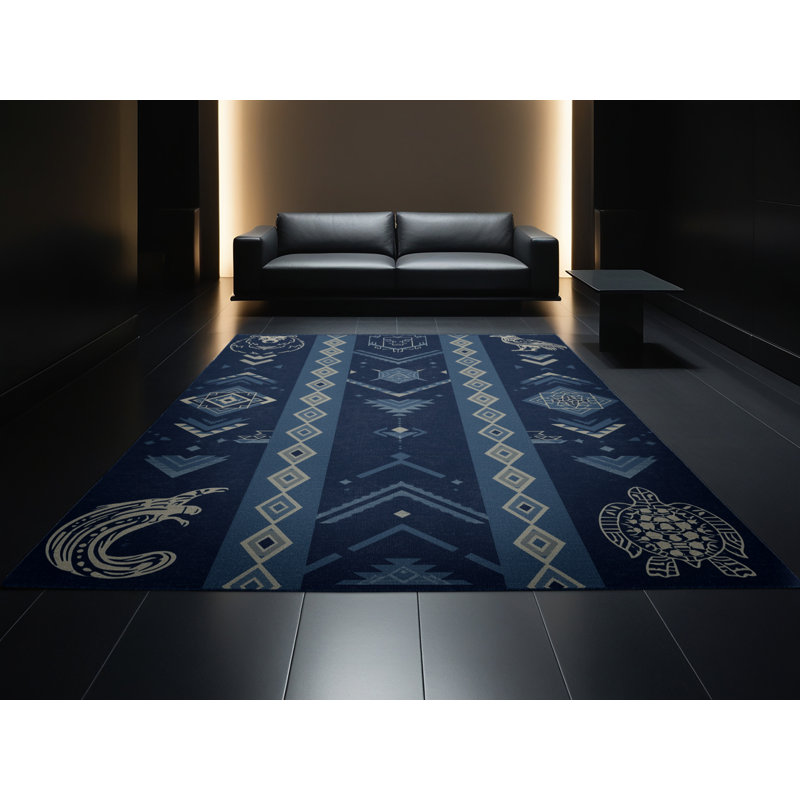 Machine Washable Northville Global Inspired Geometric Rug in Blue – Navy Binding, 7x9