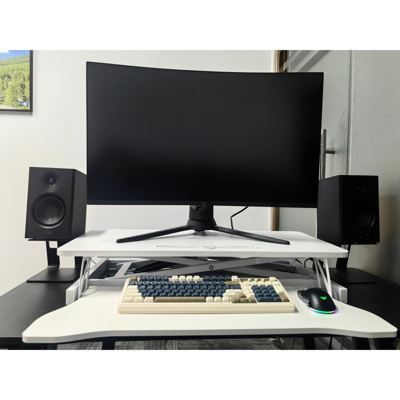 32 Inch White Sit To Stand Desk Converter, Suited For Dual Monitor And Laptop Combos, With Wide Keyboard Mount Bracket
