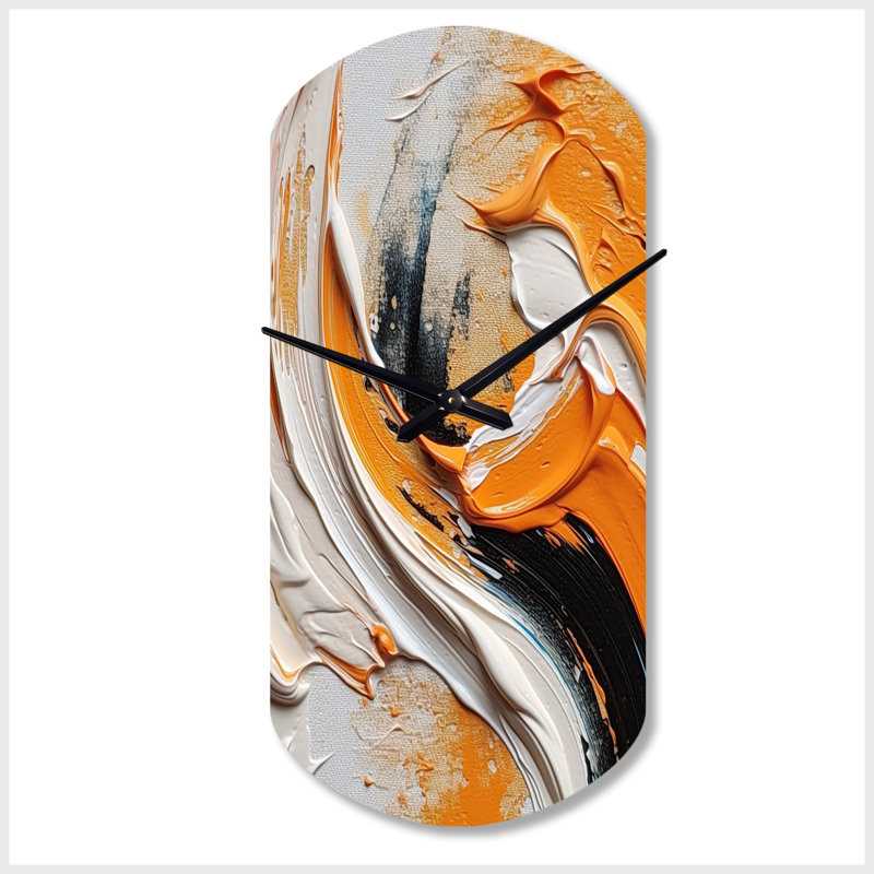 Orange et noir Mystic Spirals IV - horloge murale cylindrique abstraite en spirale, impression d'horloge murale asymétrique moderne