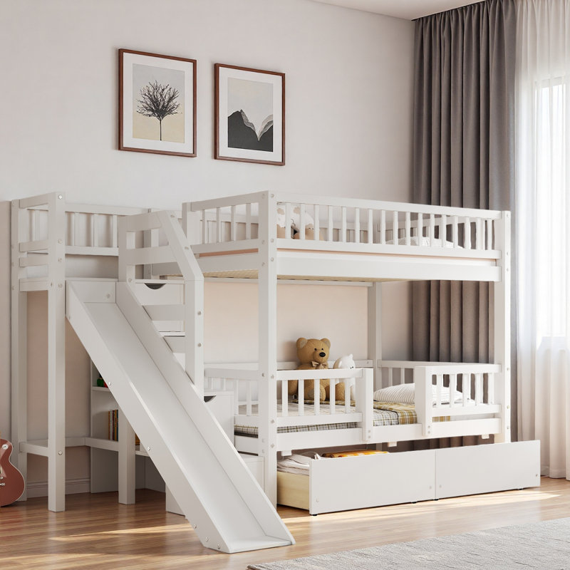 Harriet Bee Bunk Bed With Storage Staircase, Slide And 2 Drawers ...