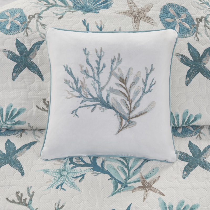Aqua Blue Cotton Reversible Coastal Quilt Set, Full