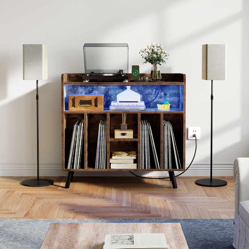 33.1'' H Record Player Stand with LED Lights & Power Outlets, Brown