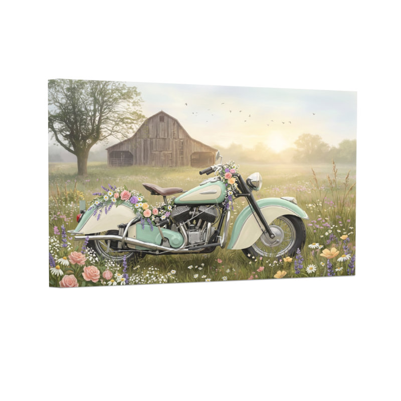 Plantes et fleurs, impression de motocyclette, champ de grange, coucher de soleil, H 20 po x l 30 po