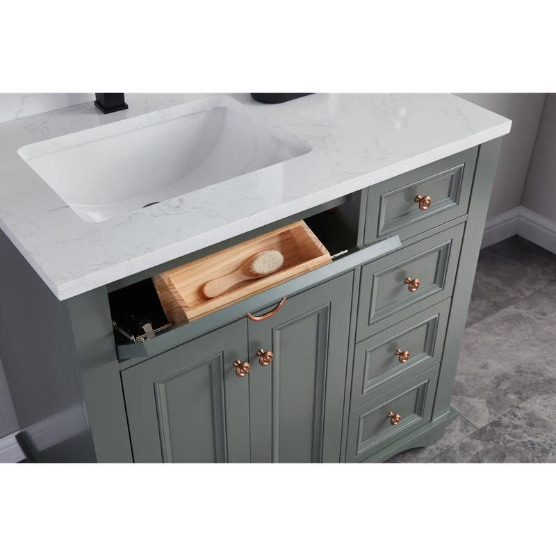 36" Solid Wood Single Bathroom Vanity with 1" Engineered Marble Top, Pewter Green