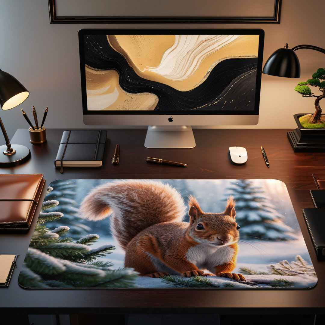 Snowy Winter Squirrel Desk Mat