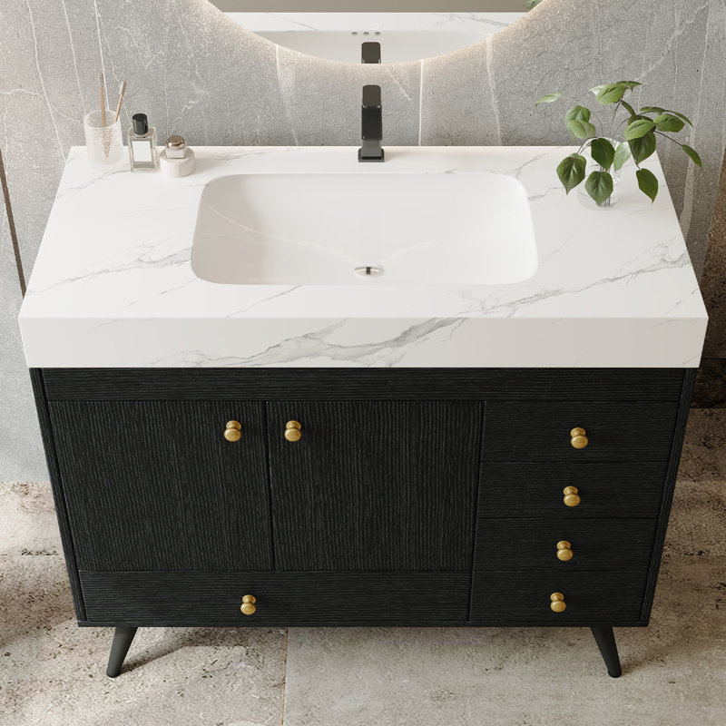 Meuble-lavabo autoportant moderne 36 po avec 1 armoire et 5 tiroirs, comptoir en pierre frittée, lavabo en céramique et pieds en acier inoxydable
