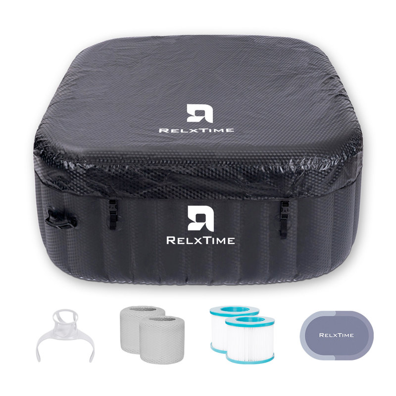 Portable Square Energy-Saving Inflatable Hot Tub for 4 People with Insulation Cover and tub cover , Outdoor Inflatable SPA with 120 Massage Jets, Tub Mat,2 Filter Cartridges 