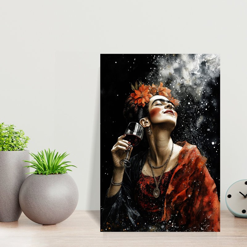 Joyeuse femme, vin rouge, élégant, portrait contemporain, fleur, art mural, H 18 po x l 12 po