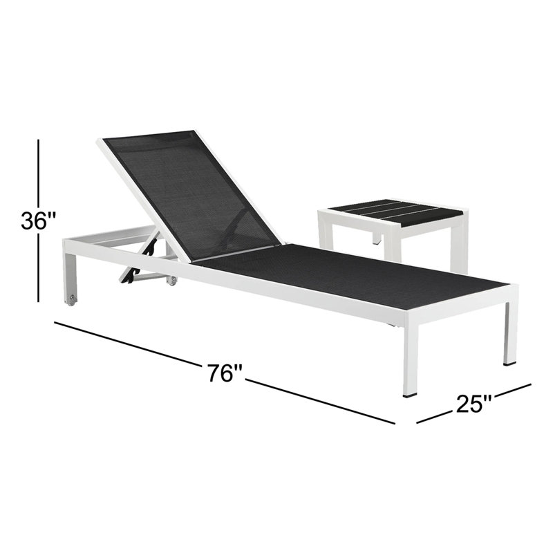 Aynura 2-Piece 76" Outdoor Reclining Chaise Lounge Set with Side Table – Aluminum Frame, Quick-Dry Mesh & Hidden Wheels - White Black