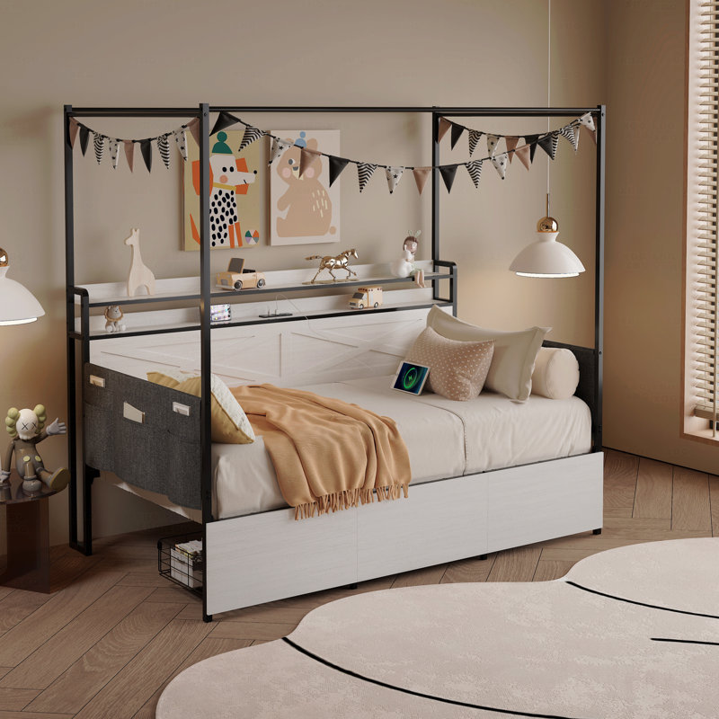 Cadre de lit simple moderne avec 3 tiroirs de rangement sous le lit, avec fonction d'éclairage à DEL et une station de charge, avec finition blanche
