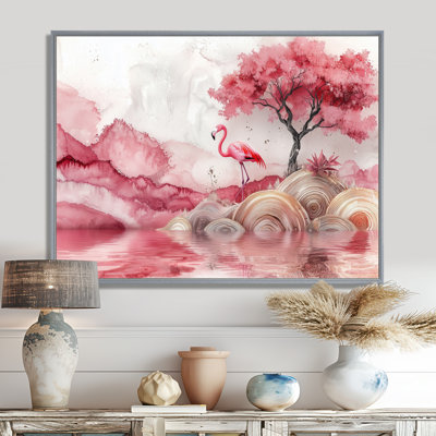 Flamingo In A Lake Of Blossom Tranquility I - Flamingo Wall Art