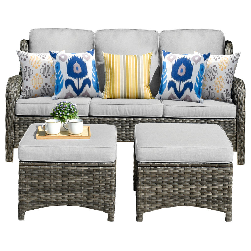 Gretna Premium All-Weather Wicker 3 - Person Patio Conversation Set with Cushions, Grey Frame/Grey Cushion
