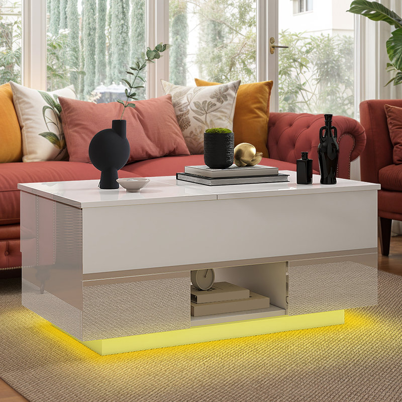  Table basse de rangement moderne à dessus relevable avec lumières DEL et prises de courant, Noir