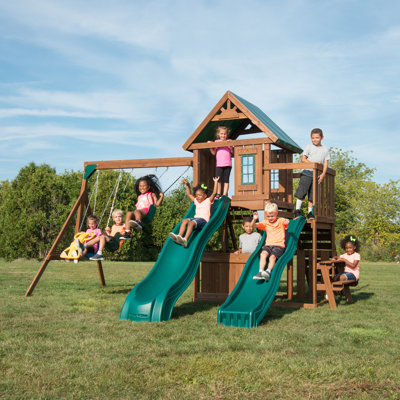 Fox Run Wooden Swing Set with 2 Slides, Swings and Climbing Wall