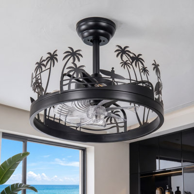Ventilateur de plafond noir à cage, motif palmier tropical de 45 cm (17,7 po), avec éclairage et télécommande, profil bas, montage encastré, moteur CC réversible à 6 vitesses, idéal pour une chambre ou un salon.