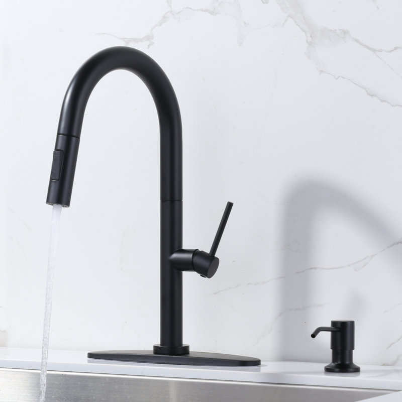 Gooseneck High Arc Single Handle Pull Down Kitchen Faucet With 2 Modes Sprayer And Soap Dispenser In Brushed Gold