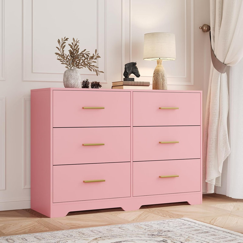 Modern Wooden Dresser with 6 Drawers, Bedroom Chest of Drawers and TV Stand, Large Storage Cabinet with Metal Handles, Pink