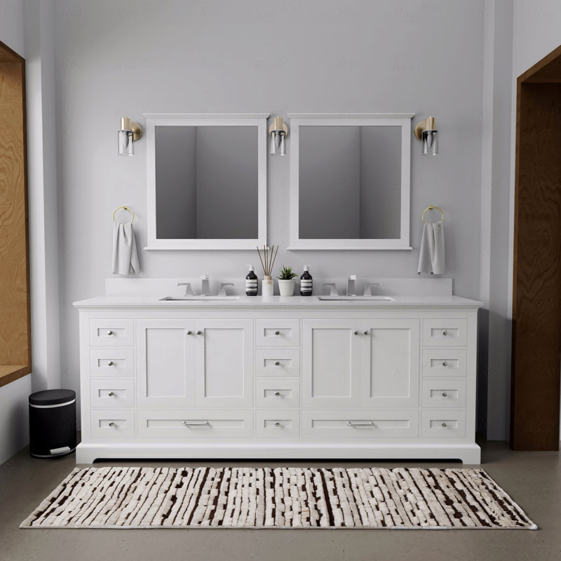 Meuble-lavabo double 84 po x 22 po profondeur, comptoir en quartz blanc, Blanc, Quartz blanc