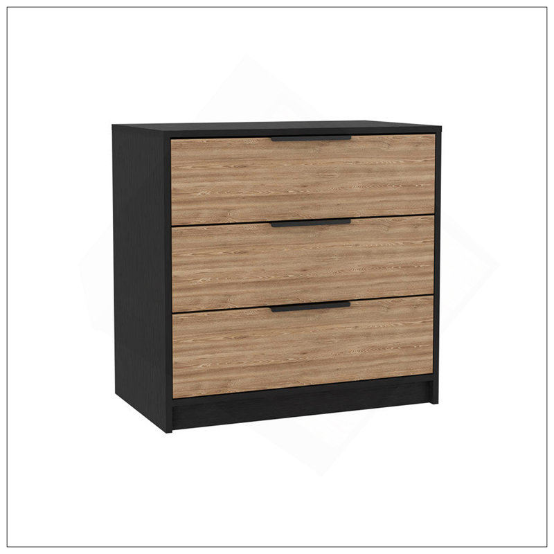 Commode H 27 po, commode 3 tiroirs, plateau, noir / chêne clair, Noir / chêne clair