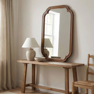 Miroir de coin rond en bois massif noir de 24 po x 36 po de couleur noyer noir, pour chambre à coucher, salle de bain, salon, vestibule